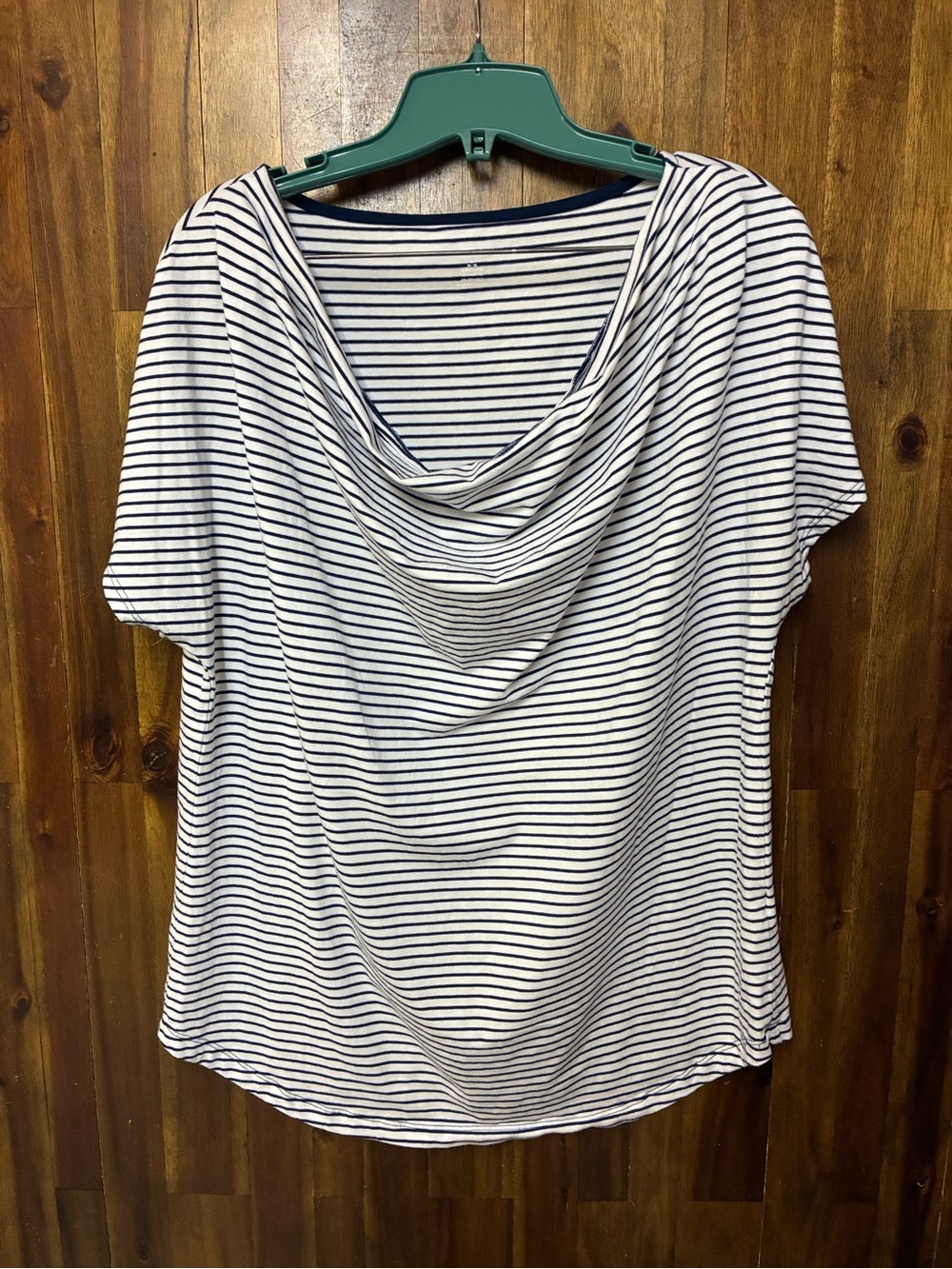 Lands’ End Women’s Classic Stripe Drape Neck Women’s Top - White & Navy (L)
